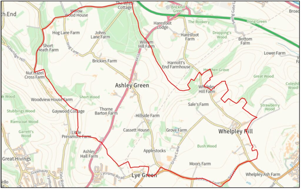 The image is a map showing the Neighbourhood Area, which is also the Civil Parish Boundary of Ashley Green. 
